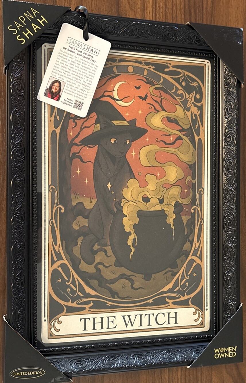New Sapna Shah The Witch Cat Framed Wall Art Print 18”x12” Tarot Card Cats